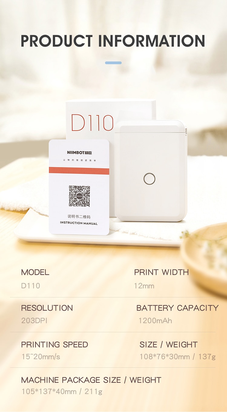 NiiMbot D110 Portable Label Maker Wireless Mini Label Printer Tape Included for Mobile Phone iOS Android Office Home