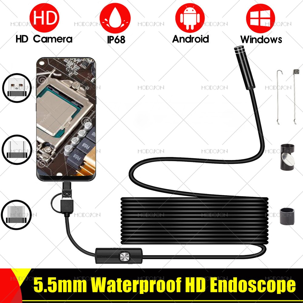 5.5mm HD Endoscope Camera IP68 Waterproof Zoomable Inspection Borescope Soft Hard Snake Cable Endoscope For Android Phone Laptop